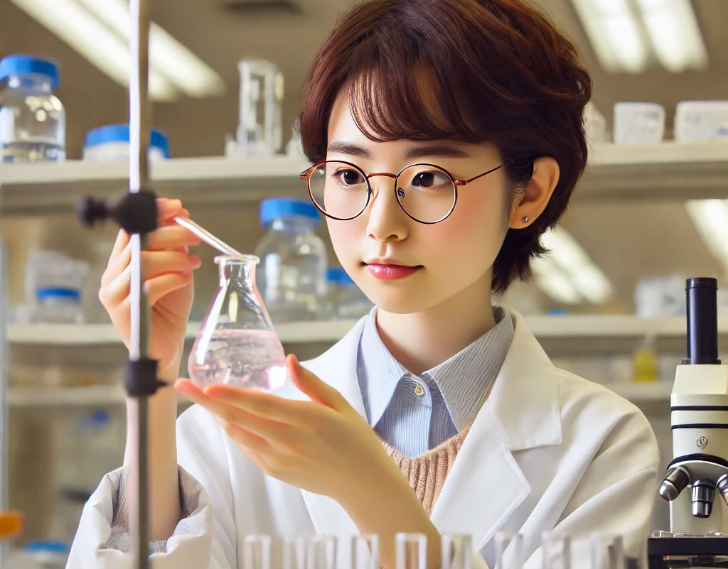 白衣を着た理系女子大生が実験室で試験管を使って実験を行う